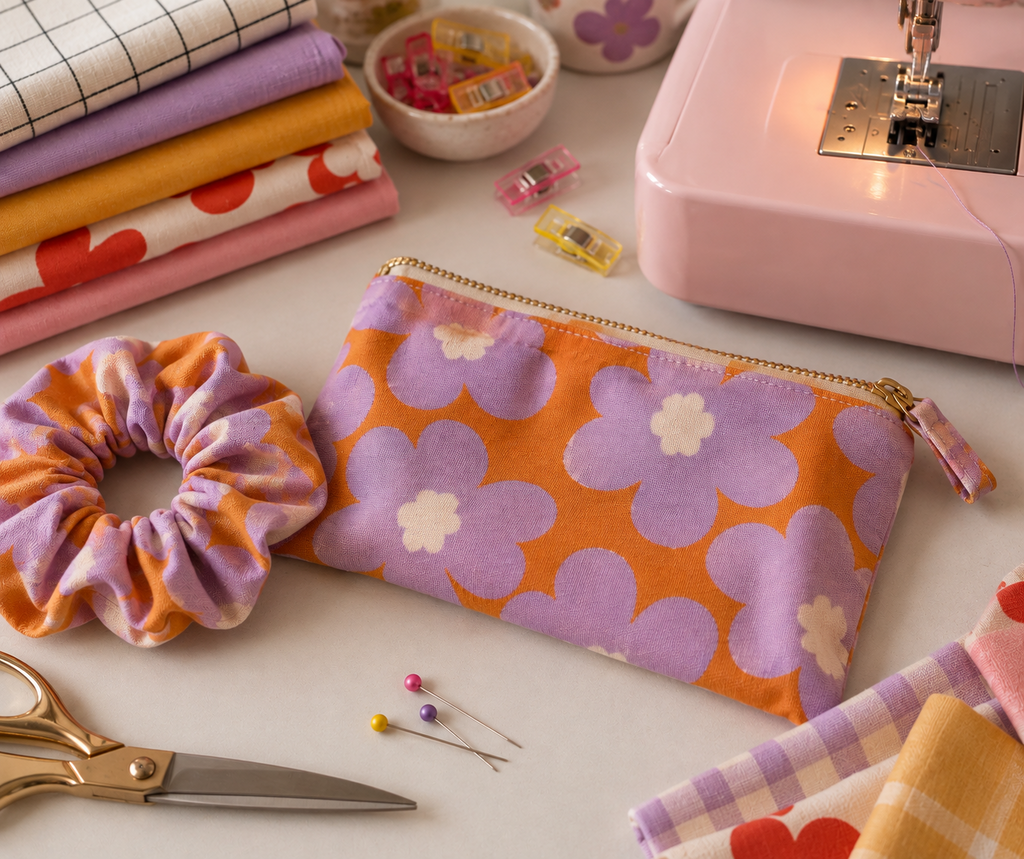 Scrunchie und Kosmetiktasche aus dem Näh Workshop in Augsburg