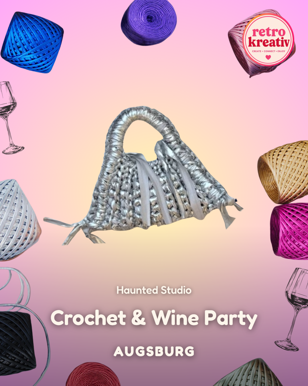 Häkel-Workshop mit Wein in Augsburg – Metallic-Tasche selbst häkeln